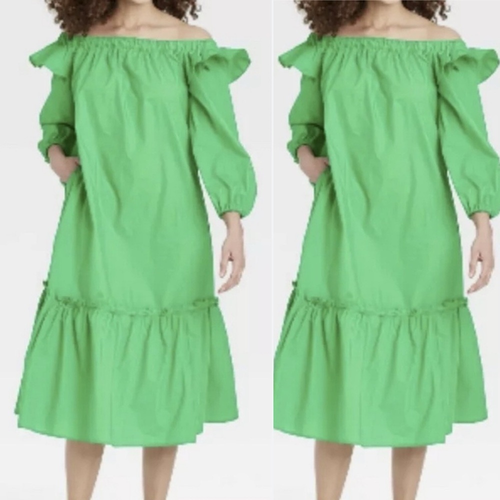Who What Wear Women’s‎ Enchanted Emerald Green Off the Shoulder Midi Dress XS